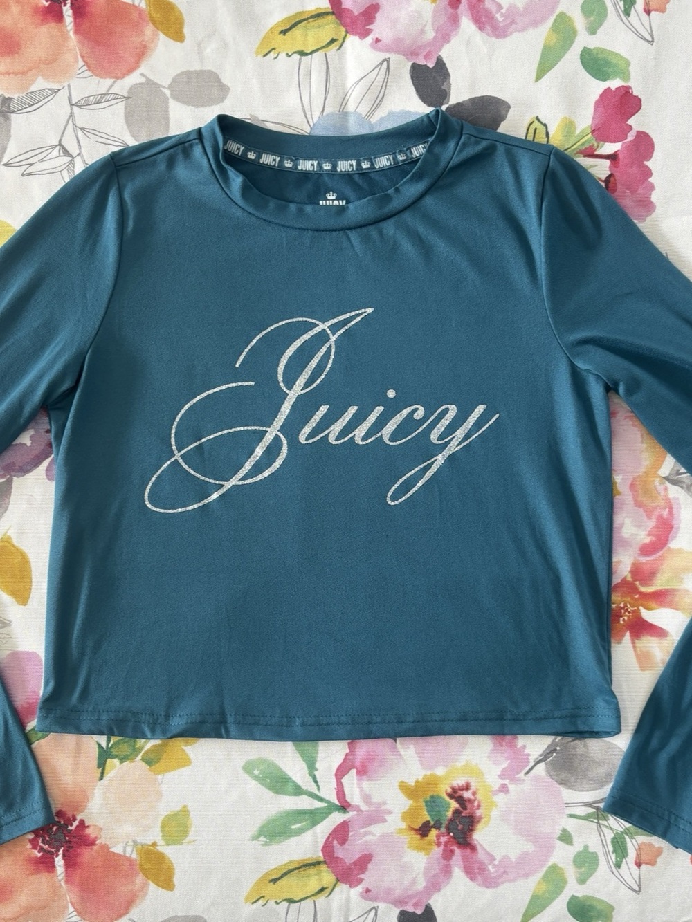 Juicy Couture - Women’s Teal Long Sleeve Logo Crop Top